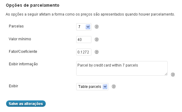 Página de configurações da tabela de parcelamento Configuração Tabela de parcelamento