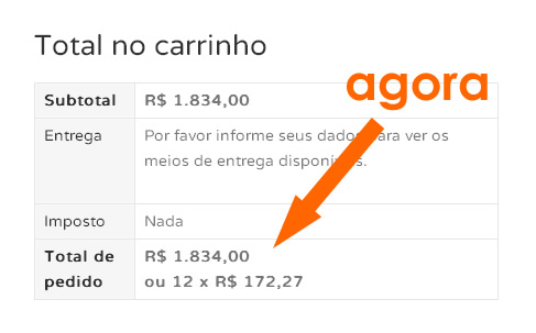 Página do carrinho exibindo simulação de parcelamento máximo Parcelamento no carrinho