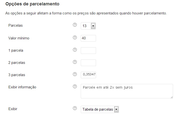 Página de configurações da tabela de parcelamento