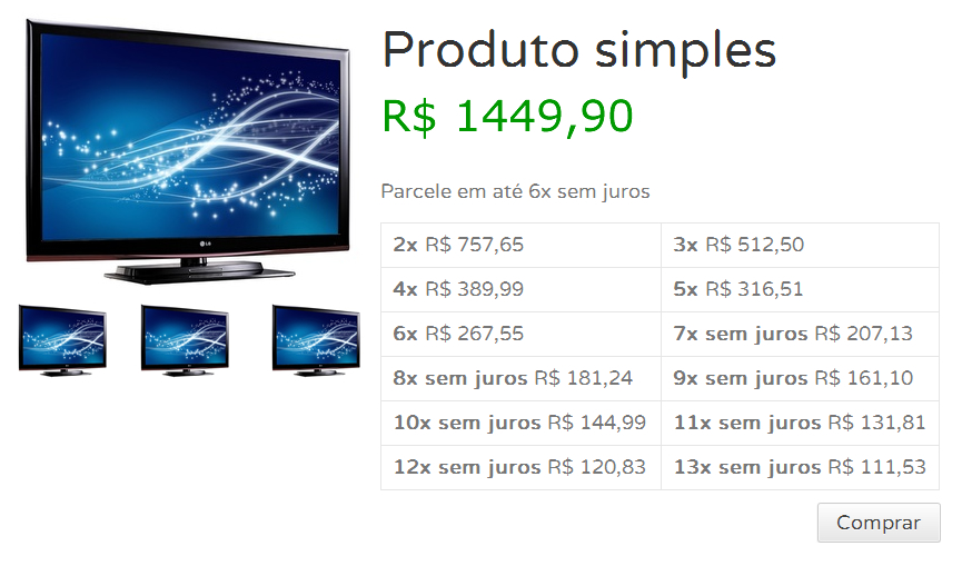 Página do produto exibindo simulação da tabela de parcelamento